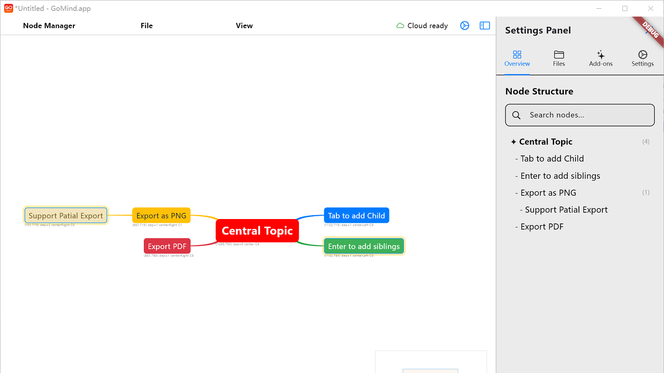 GoMind overview panel and a starter mind map