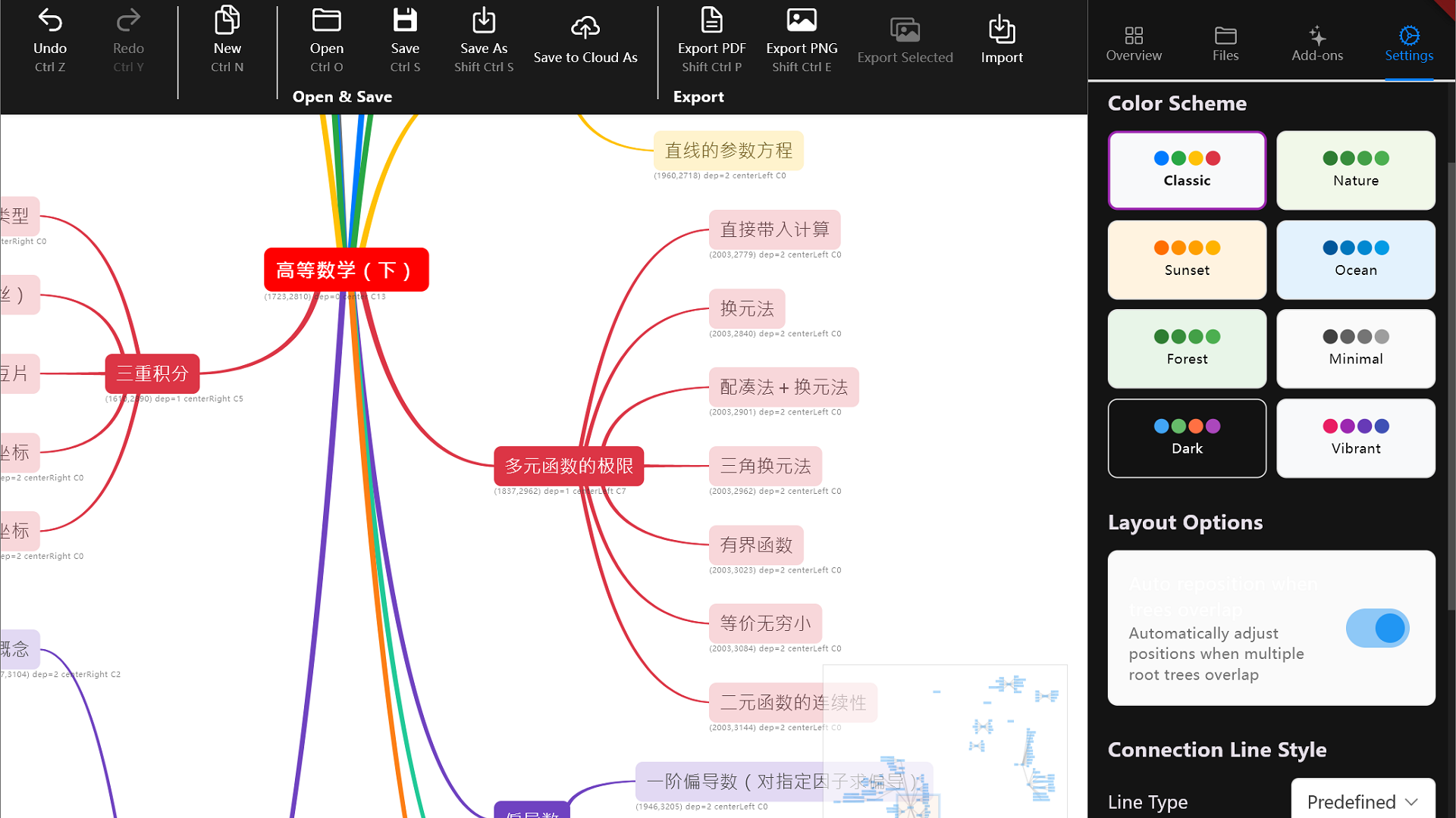 GoMind canvas with settings and export controls