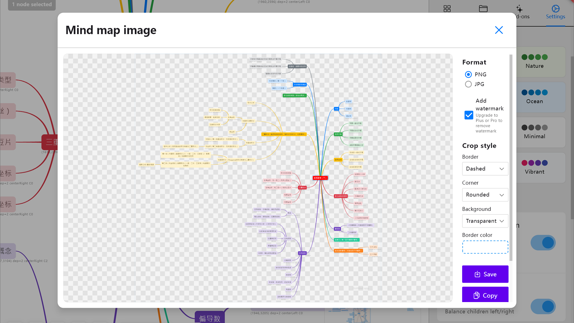 GoMind export dialog with PNG, JPG, and layout controls